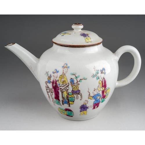 371 - An English 18th Century teapot and cover probably Bow, circa 1760, bullet shaped decorated in the Ma... 