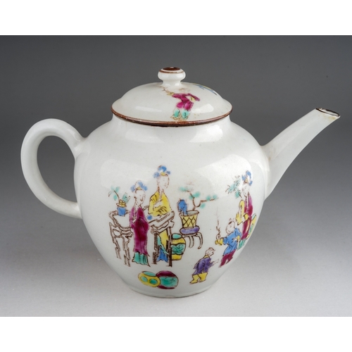 371 - An English 18th Century teapot and cover probably Bow, circa 1760, bullet shaped decorated in the Ma... 