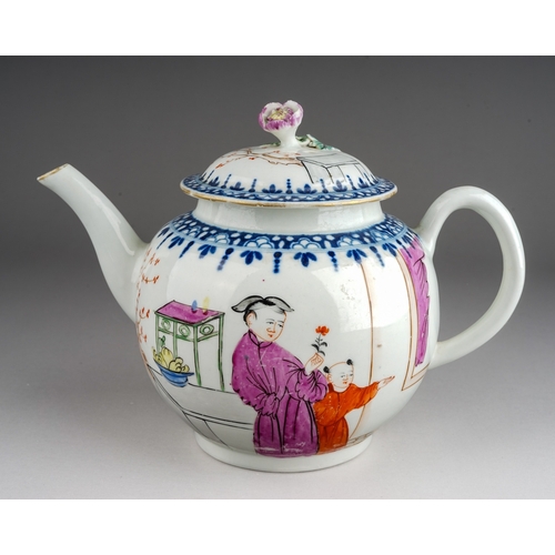 373 - A Worcester tea pot and cover, circa 1768-72,  globular in the Mandarin style decorated with Man and... 