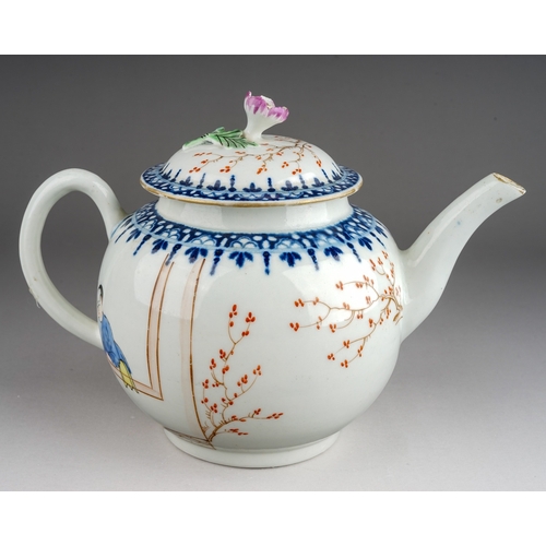 373 - A Worcester tea pot and cover, circa 1768-72,  globular in the Mandarin style decorated with Man and... 