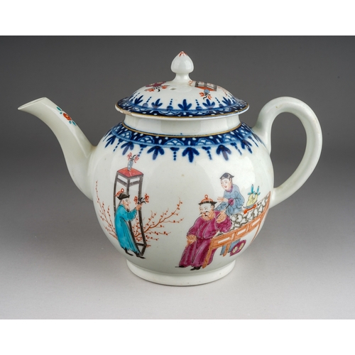 374 - A Worcester tea pot and cover, circa 1765-70,  globular in the Mandarin style decorated with  three ... 