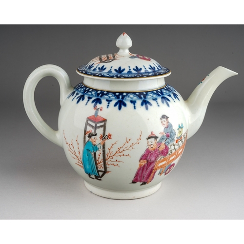 374 - A Worcester tea pot and cover, circa 1765-70,  globular in the Mandarin style decorated with  three ... 