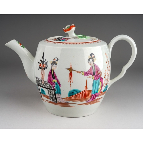 375 - A Worcester tea pot and cover, circa 1780, barrel shaped decorated in the Mandarin style with two Ch...