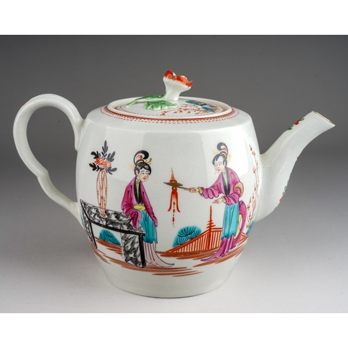 375 - A Worcester tea pot and cover, circa 1780, barrel shaped decorated in the Mandarin style with two Ch... 