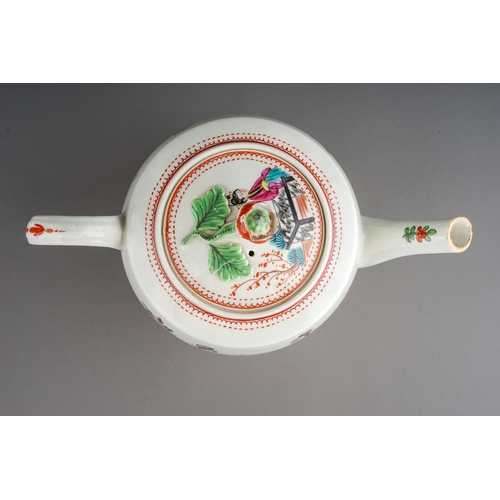 375 - A Worcester tea pot and cover, circa 1780, barrel shaped decorated in the Mandarin style with two Ch... 