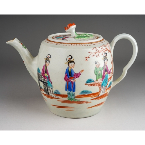 376 - A Worcester tea pot and cover, circa 1780, barrel shaped decorated in the Mandarin style with four f... 