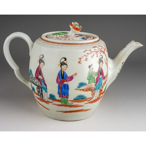 376 - A Worcester tea pot and cover, circa 1780, barrel shaped decorated in the Mandarin style with four f... 