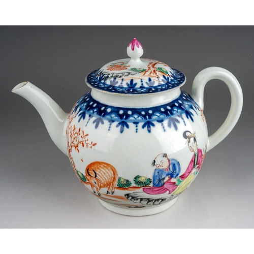 378 - A Worcester tea pot and cover, circa 1765-70,  globular in the Mandarin style decorated with  Chines... 