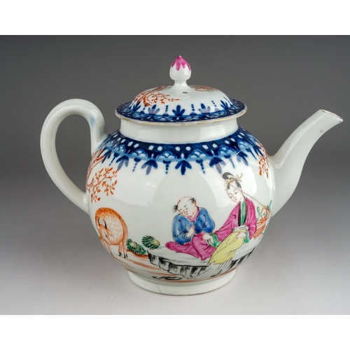 378 - A Worcester tea pot and cover, circa 1765-70,  globular in the Mandarin style decorated with  Chines... 