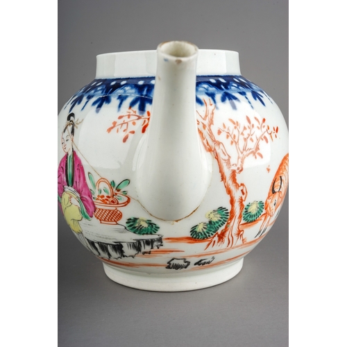 378 - A Worcester tea pot and cover, circa 1765-70,  globular in the Mandarin style decorated with  Chines... 