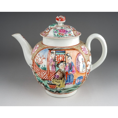 380 - A Worcester large tea pot and cover, circa 1765, globular form painted in the Mandarin style decorat... 