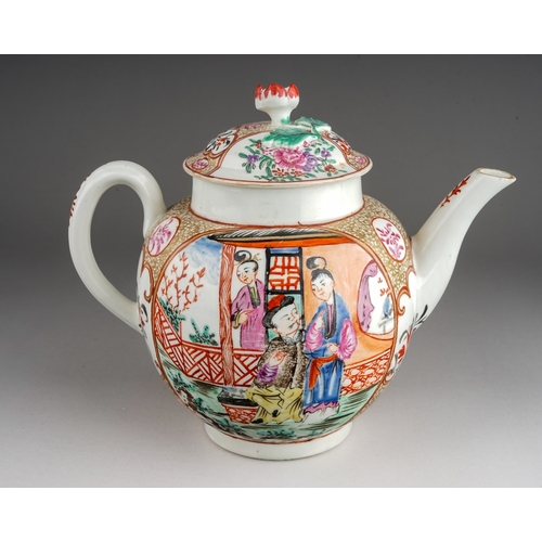 380 - A Worcester large tea pot and cover, circa 1765, globular form painted in the Mandarin style decorat... 