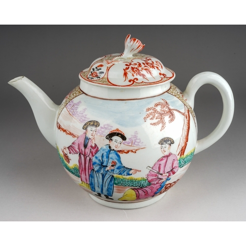 381 - A Worcester tea pot and cover circa 1765-70 (First Period), globular in the Mandarin style  decorate... 