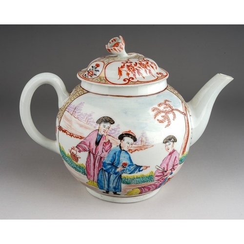 381 - A Worcester tea pot and cover circa 1765-70 (First Period), globular in the Mandarin style  decorate... 