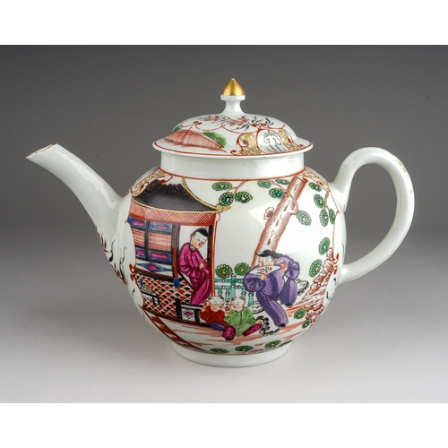 382 - A Worcester tea pot, circa 1770, globular decorated in the Mandarin style with two boys, Man with fa... 