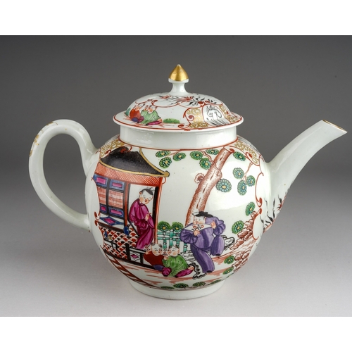 382 - A Worcester tea pot, circa 1770, globular decorated in the Mandarin style with two boys, Man with fa... 