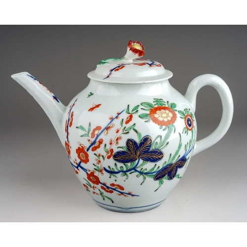 384 - A Worcester tea pot and cover, circa 1760-70, globular painted in the Imari palette with a version o... 