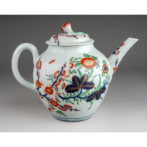 384 - A Worcester tea pot and cover, circa 1760-70, globular painted in the Imari palette with a version o... 