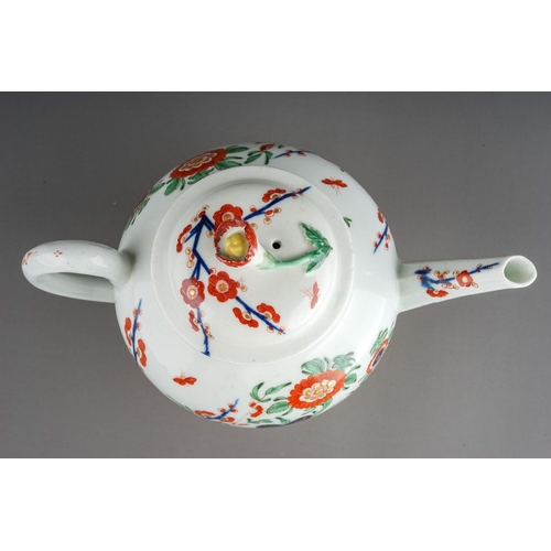 384 - A Worcester tea pot and cover, circa 1760-70, globular painted in the Imari palette with a version o... 