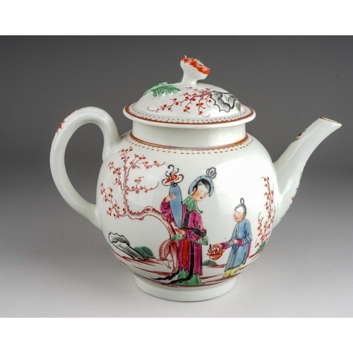 385 - A Worcester tea pot and cover, circa 1775-80, globular Famille Verte painted with Chinese woman hold... 