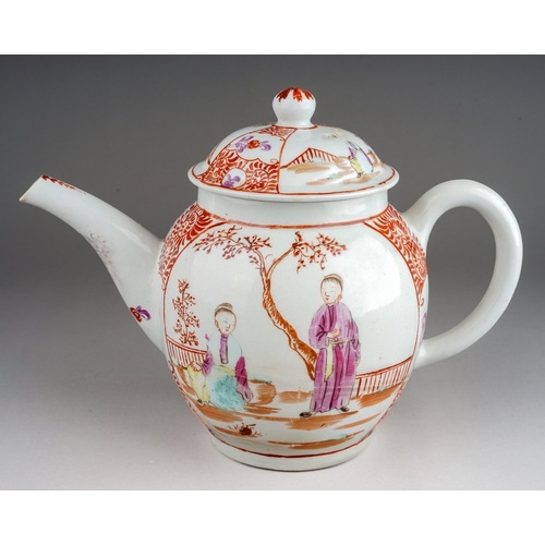 388 - A Lowestoft tea pot and cover, circa 1775-85, globular Famille Rose decorated in the 