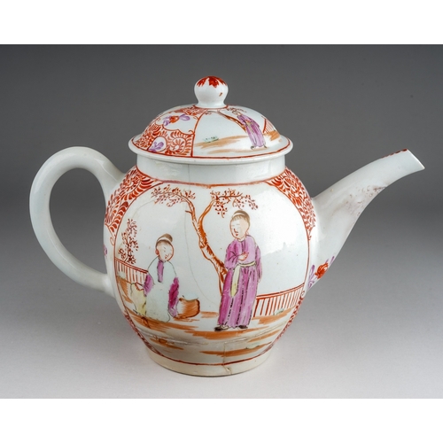 388 - A Lowestoft tea pot and cover, circa 1775-85, globular Famille Rose decorated in the 