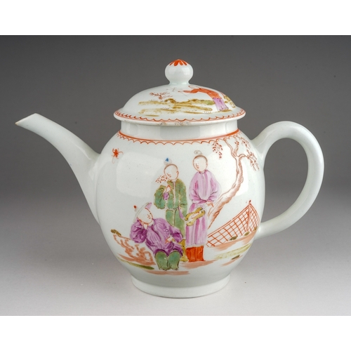 389 - A Lowestoft tea pot and cover, circa 1780, decorated in the Mandarin style with three Chinese figure... 