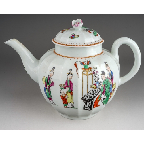 390 - A Worcester teapot and cover, circa 1765-70, fluted globular decorated with the 