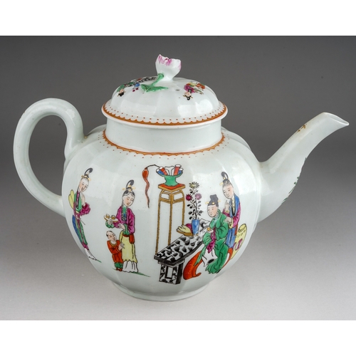 390 - A Worcester teapot and cover, circa 1765-70, fluted globular decorated with the 