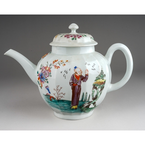 391 - A Worcester tea pot and cover, circa 1760, fluted globular decorated with the 