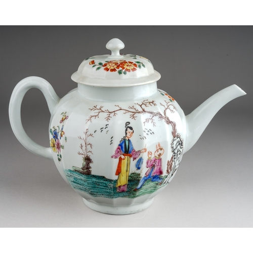 391 - A Worcester tea pot and cover, circa 1760, fluted globular decorated with the 