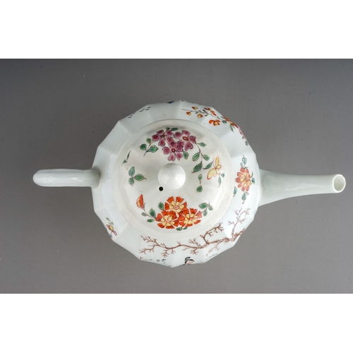 391 - A Worcester tea pot and cover, circa 1760, fluted globular decorated with the 