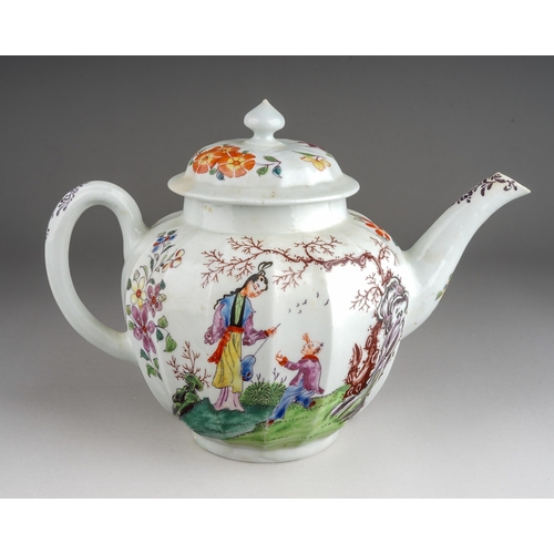 392 - A Liverpool, Philip Christian's factory, teapot and cover, circa 1770, fluted globular painted with ... 