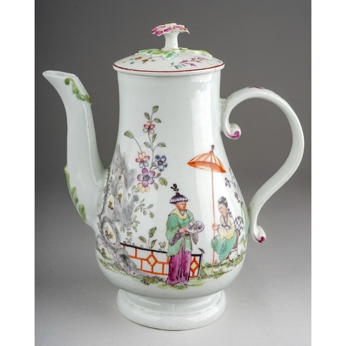 393 - A Derby coffee pot with matched cover, circa1760, small pear shaped decorated in the Mandarin style ... 