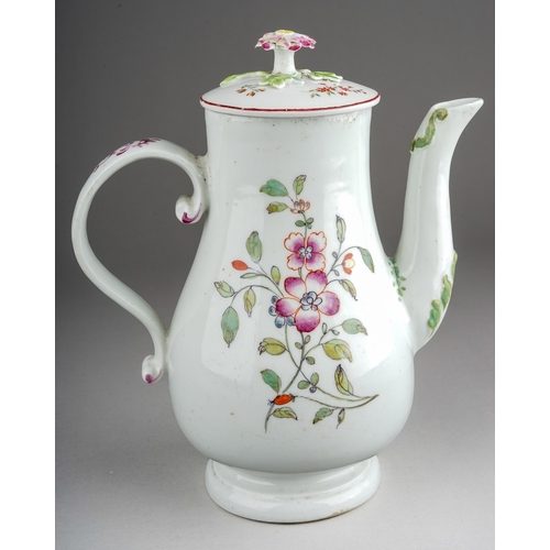 393 - A Derby coffee pot with matched cover, circa1760, small pear shaped decorated in the Mandarin style ... 