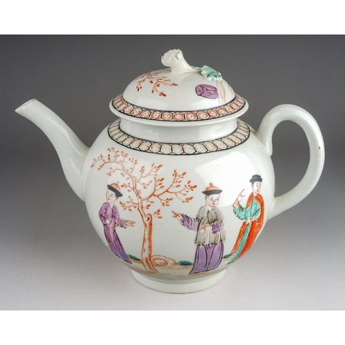 394 - A Lowestoft tea pot and cover, circa 1770, globular painted in the Mandarin style, the entire with f... 