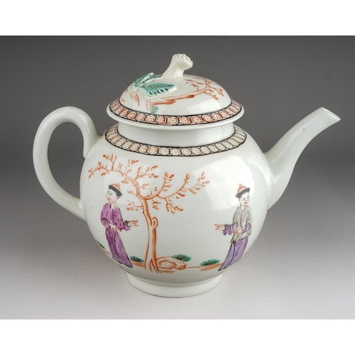 394 - A Lowestoft tea pot and cover, circa 1770, globular painted in the Mandarin style, the entire with f... 