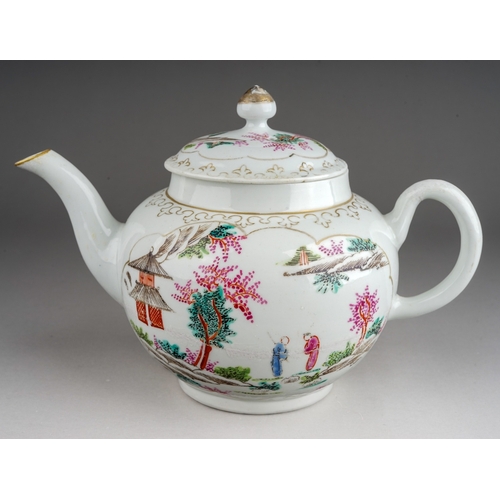 395 - A Liverpool Richard Chaffers teapot and cove, circa 1760, globular decorated in the Chinoiserie 