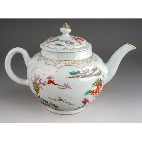 395 - A Liverpool Richard Chaffers teapot and cove, circa 1760, globular decorated in the Chinoiserie 