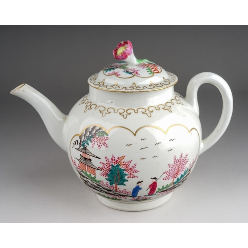 397 - An 18th Century English porcelain probably Worcester, circa 1765-70 teapot and cover, globular decor... 