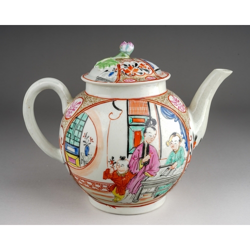 398 - A Worcester tea pot and cover, Dr Wall First Period,  circa 1765, globular decorated in the Mandarin... 