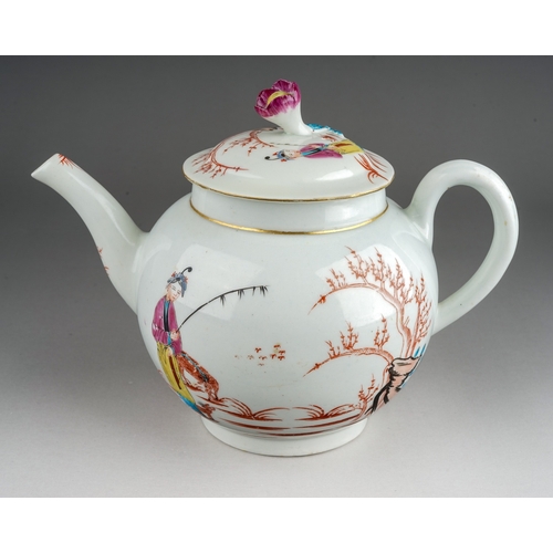 399 - A Worcester teapot and cover circa 1768-72, globular decorated with a Chinese figure with Stag and D... 