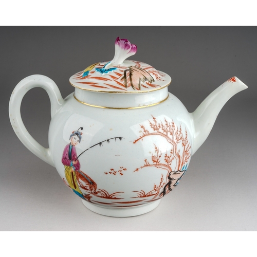 399 - A Worcester teapot and cover circa 1768-72, globular decorated with a Chinese figure with Stag and D... 