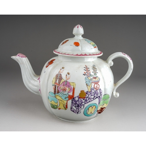 400 - A Derby tea pot, circa 1770, melon shaped decorated in the Mandarin style wth figures in interior wi... 