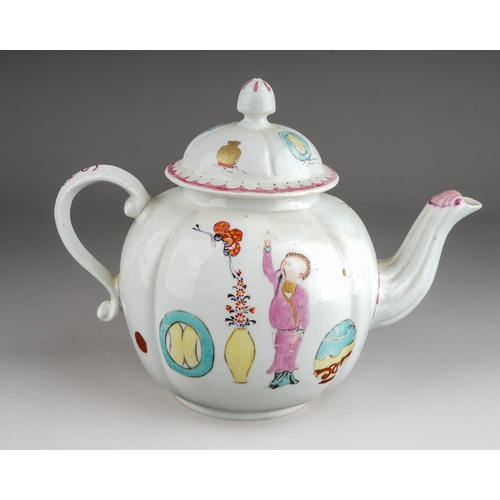 400 - A Derby tea pot, circa 1770, melon shaped decorated in the Mandarin style wth figures in interior wi... 