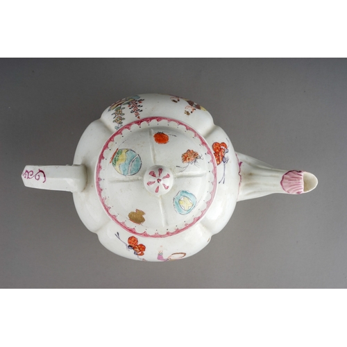 400 - A Derby tea pot, circa 1770, melon shaped decorated in the Mandarin style wth figures in interior wi... 