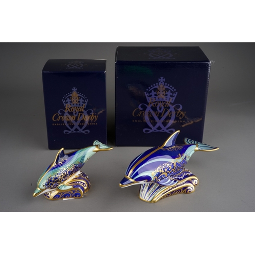 407 - Two Royal Crown Derby paperweights to include: Bottlenose Dolphin, gold stopper, red backstamp, date... 