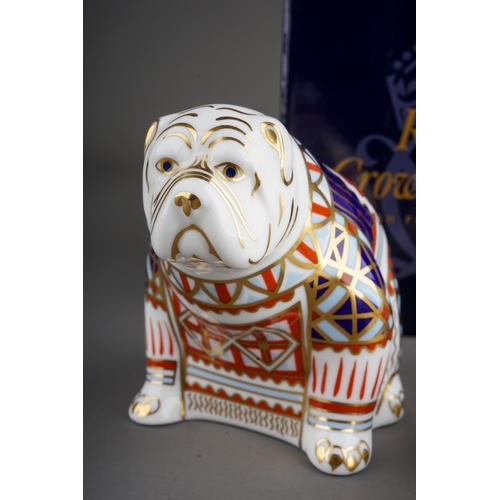 408 - Three Royal Crown Derby paperweights to include: British Bulldog, gilt stopper, red back stamp, date... 