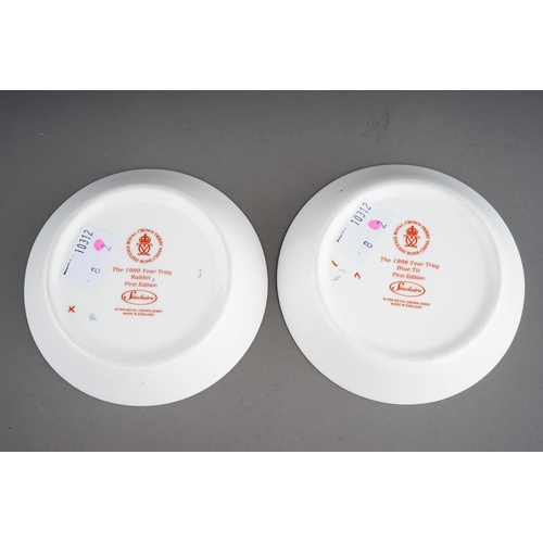 411 - Two Royal Crown Derby dishes including: The 1998 Year Tray Blue Tit and The 1999 Year Tray Rabbit, b... 