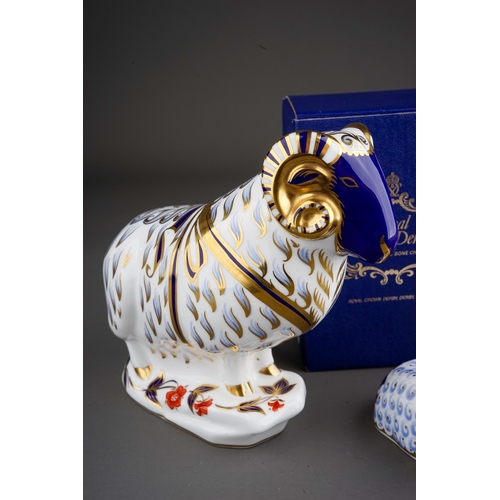 414 - Three Royal Crown Derby paperweights to include: large Ram, red backstamp, gold stopper together wit... 